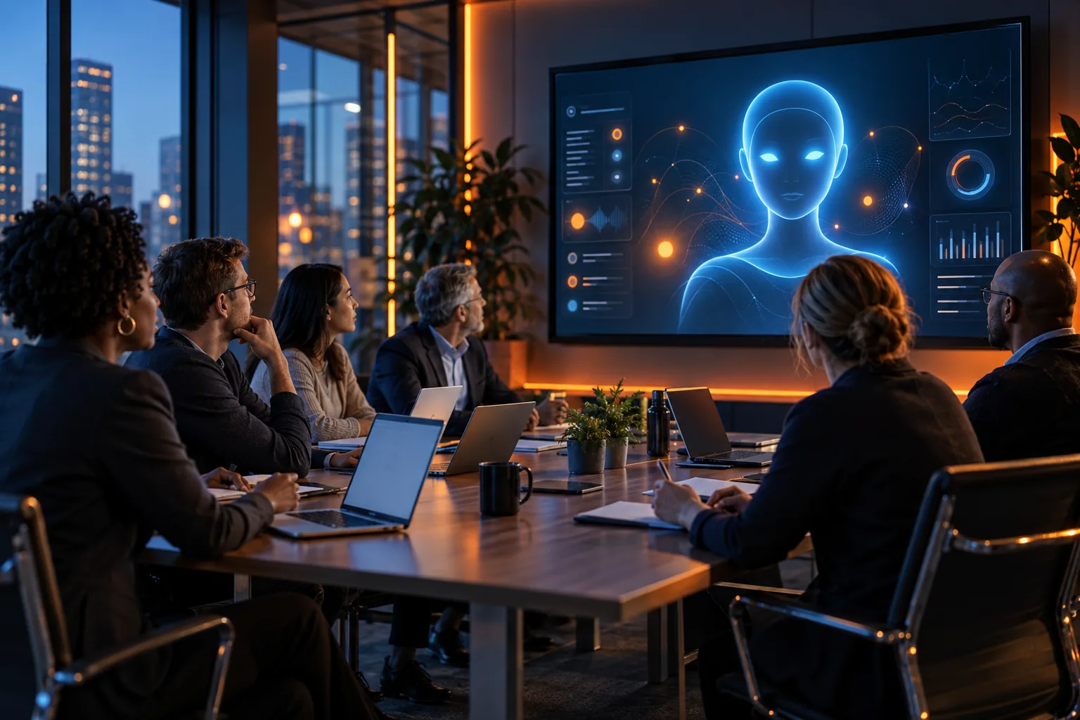 Business owners and school leaders reviewing an AI assistant during a training session