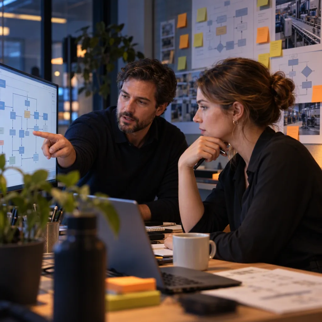 A consultant embedded with a client operations team reviewing workflow diagrams