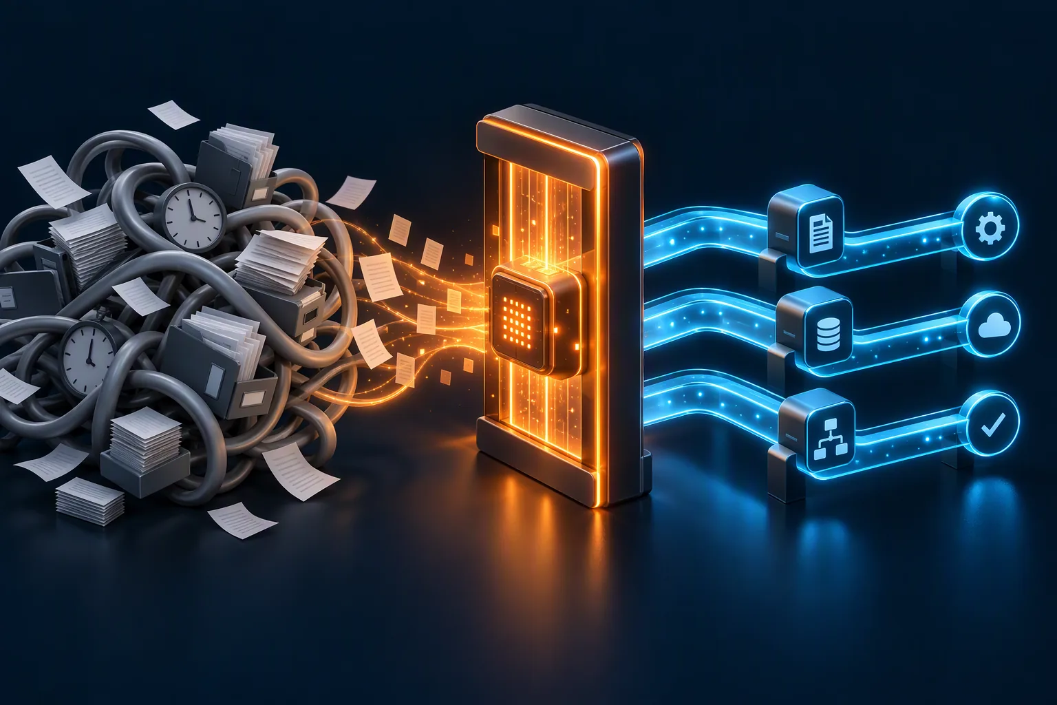 Manual paperwork transforming through an AI processing gate into automated pipelines